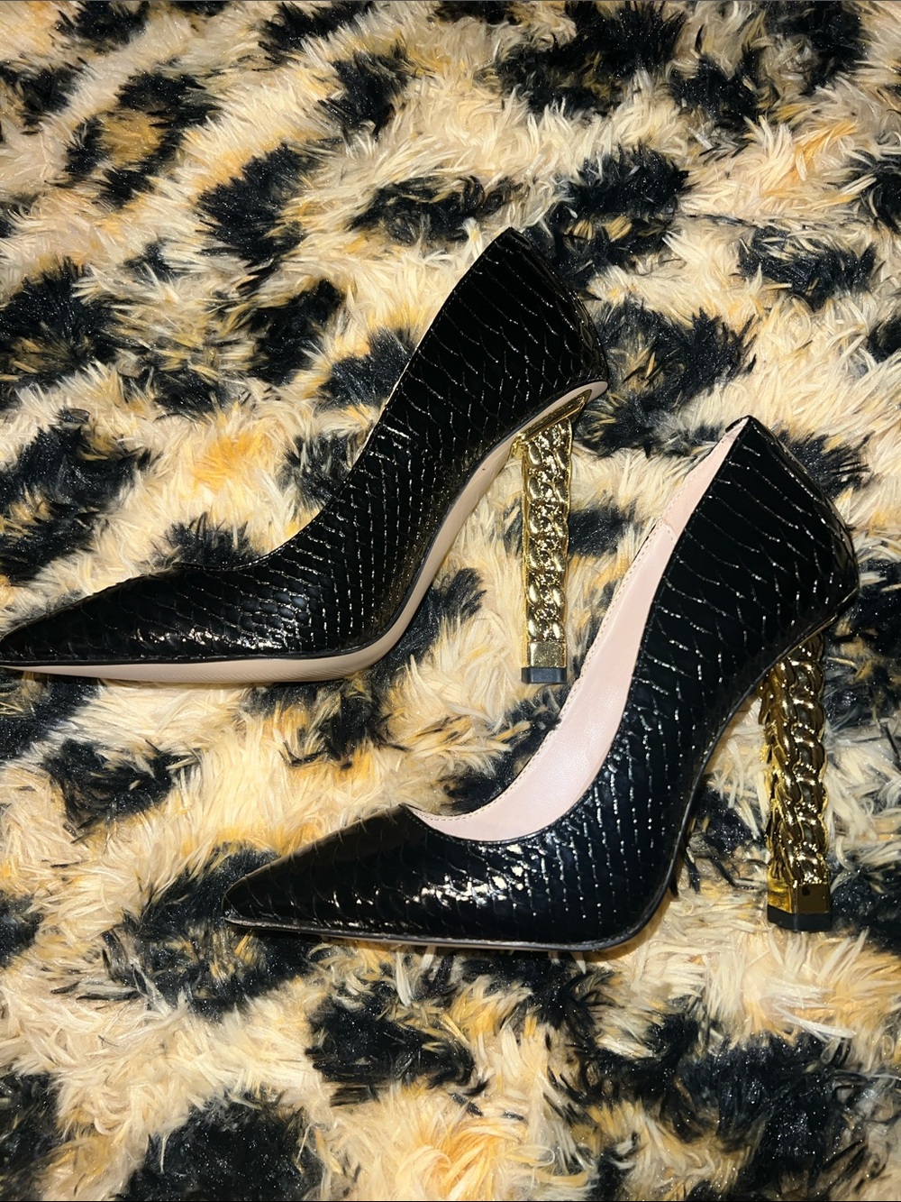 FSJ Black Pointed Toe Heels with Gold Chain Detail